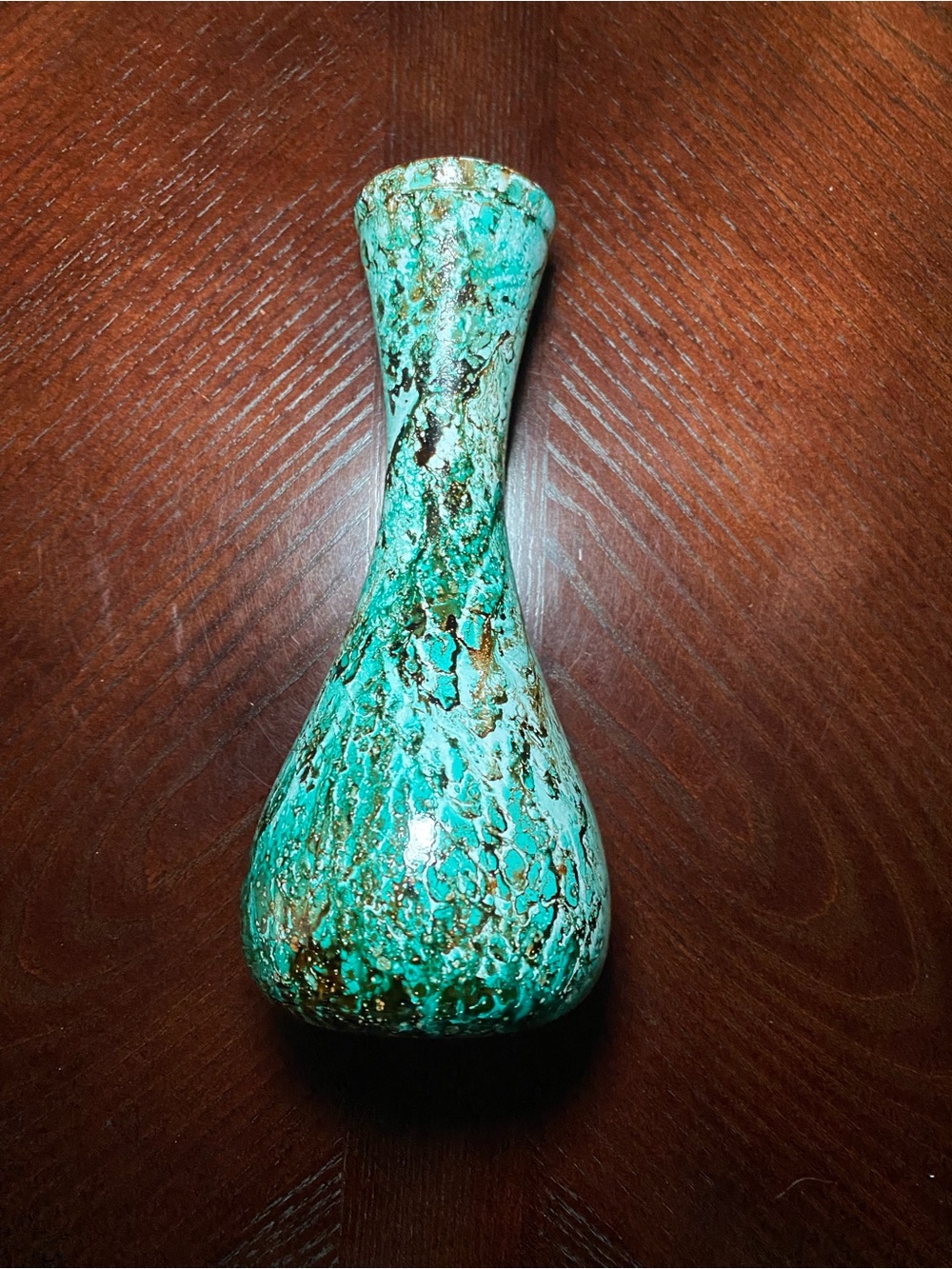 Vintage Turquoise, Brown and White Marbled  Glaze Bud Vase.